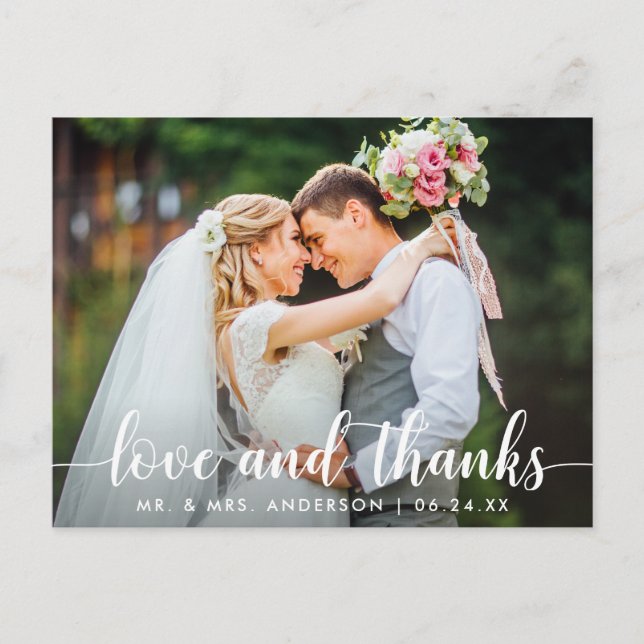 Modern Script Love Thanks Wedding Couple Photo Postcard (Front)