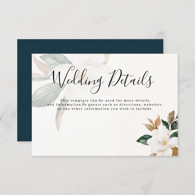 Modern script magnolia wedding details card (Front/Back)