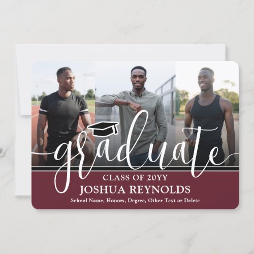 Modern Script Maroon and White 4 Photo Graduation Announcement