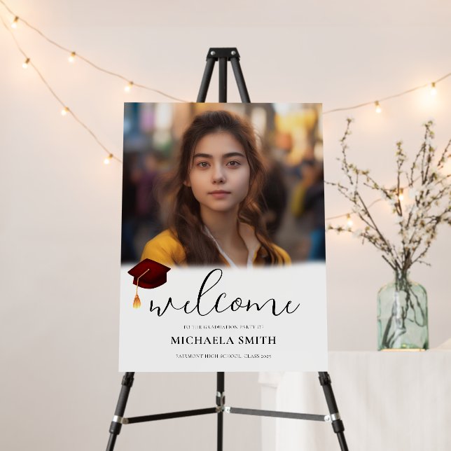 Modern Script Maroon Cap Photo Graduation Welcome Foam Board (In Situ (Stand))