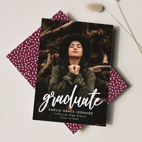 Modern Script Maroon Photo Graduation Announcement