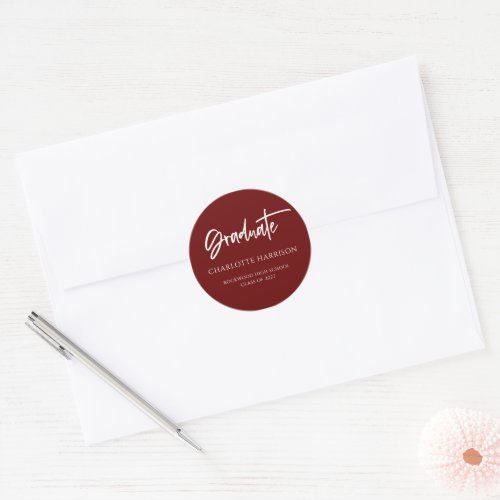 Modern Script Maroon White Graduation Classic Round Sticker