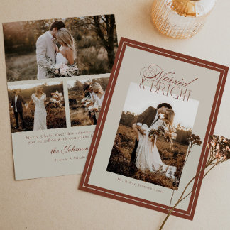 Modern Script Married & Bright Christmas 4 Photos Holiday Card