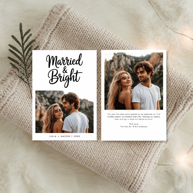 Modern Script Married & Bright Newlywed Photo Holiday Card (Creator Uploaded)