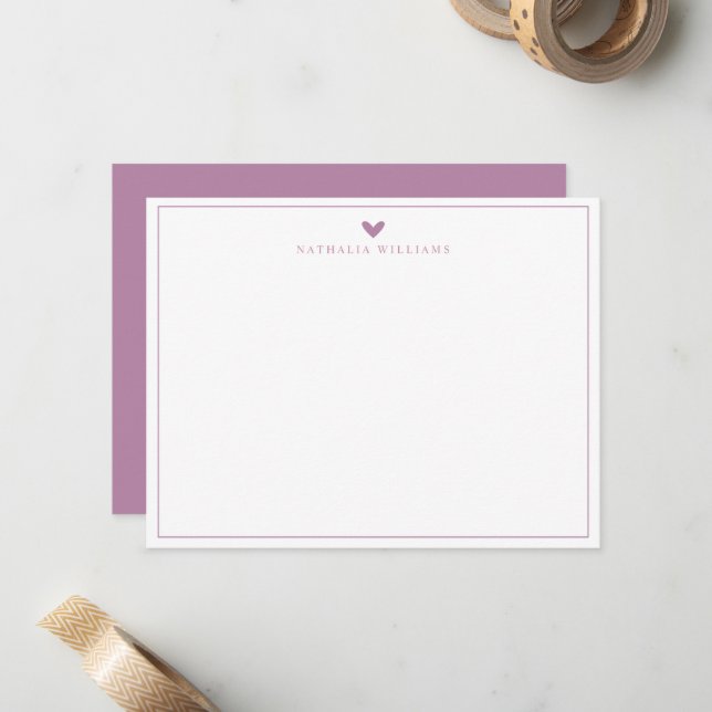 Modern Script Mauve Heart Border Monogram Note Card (Front/Back In Situ)
