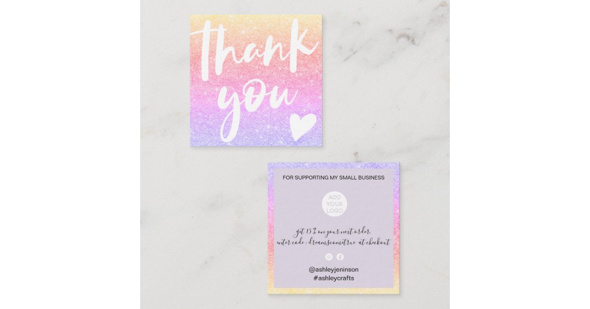 Modern script mermaid glitter gold thank you square business card | Zazzle