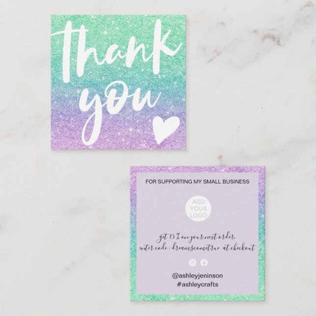 Modern script mermaid glitter teal thank you square business card (Front/Back)