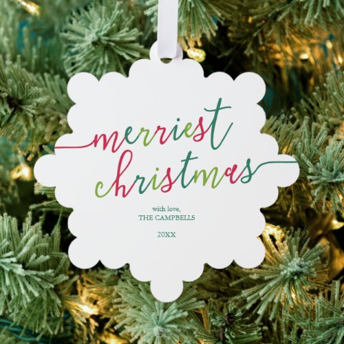 Modern Script Merriest Christmas Holiday Photo  Ornament Card