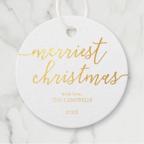 Modern Script Merriest Christmas Photo Foil Favor Tags