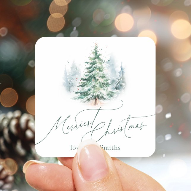 Modern Script Merriest Christmas Pine Tree Square Sticker (Modern Script Merriest Christmas Pine Tree Square Sticker)