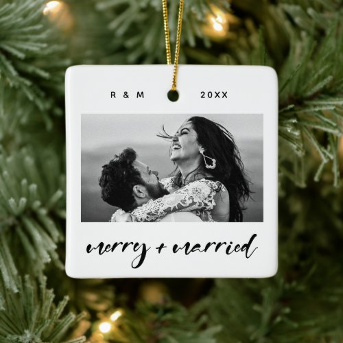 Modern Script Merry and Married Photo Ceramic Ornament