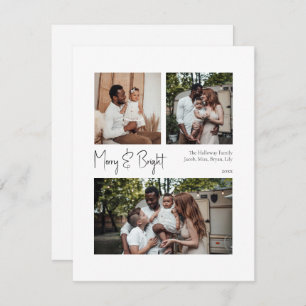 Modern Script Merry & Bright Centered Three-Photo Holiday Card