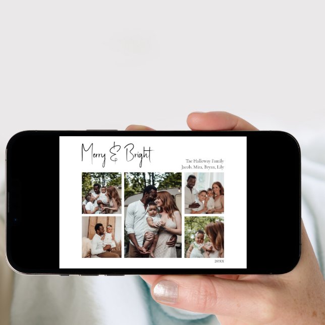 Modern Script Merry & Bright Folded Five-Photo Holiday Card (Front Digital)