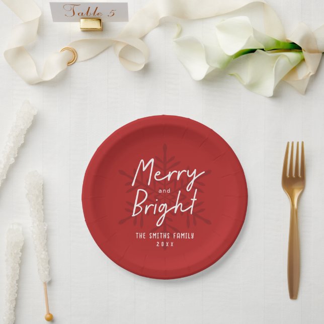 Modern Script Merry & Bright Snowflakes Christmas Paper Plates (Wedding)