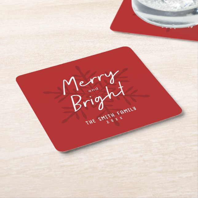 Modern Script Merry & Bright Snowflakes Christmas Square Paper Coaster (Angled)