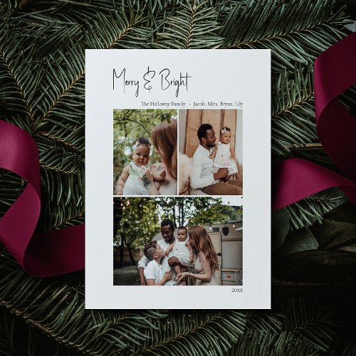 Modern Script Merry  Bright Vertical 3 Photo Holiday Card