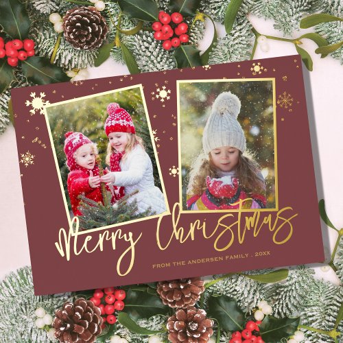 Modern Script Merry Christmas 2 Photo Foil Holiday Card