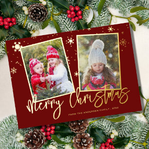 Modern Script Merry Christmas 2 Photo Foil Holiday Card