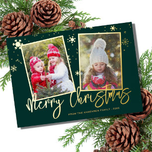 Modern Script Merry Christmas 2 Photo Foil Holiday Card