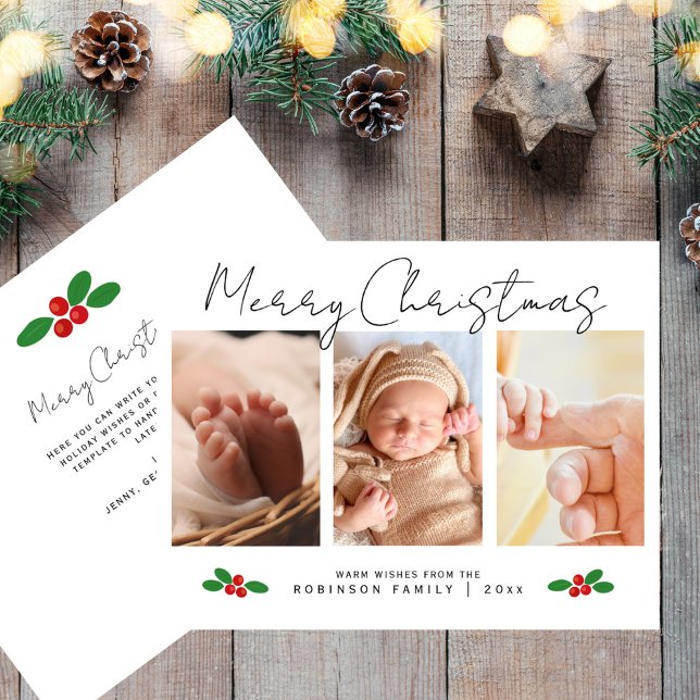 Modern Script Merry Christmas 3 Photo Collage Holiday Card (Creator Uploaded)