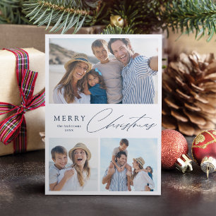 Modern Script Merry Christmas 3 Photo Holiday card