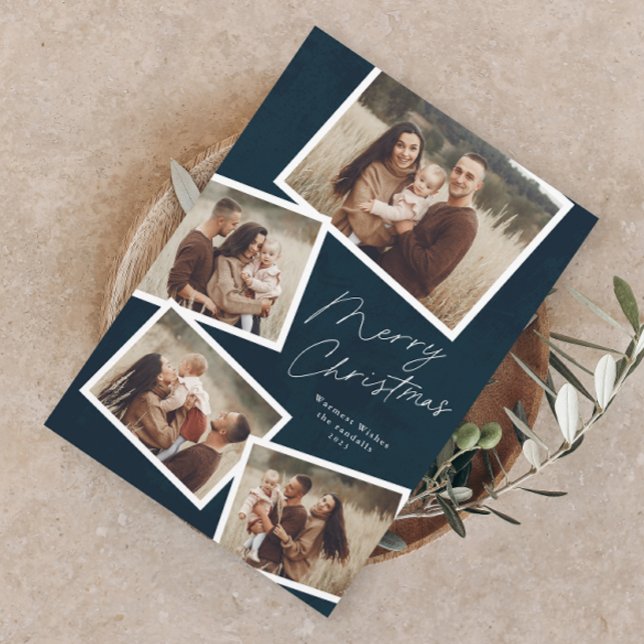 Modern Script Merry Christmas 4 Photo Collage  (Modern Script 4 Photo Collage Christmas Holiday Magnetic Card)