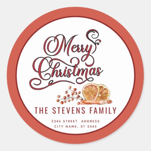 Modern  script Merry Christmas cinnamon orange Classic Round Sticker