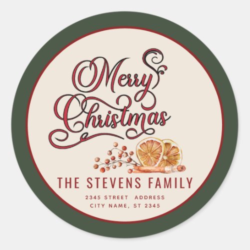 Modern  script Merry Christmas cinnamon orange Classic Round Sticker