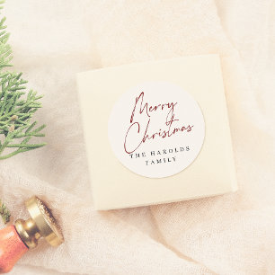 Modern Script Merry Christmas Custom Family Name Classic Round Sticker