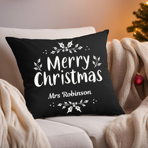 Modern Script Merry Christmas Custom Name Family Throw Pillow