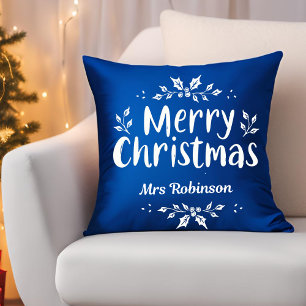 Modern Script Merry Christmas Custom Name Family Throw Pillow