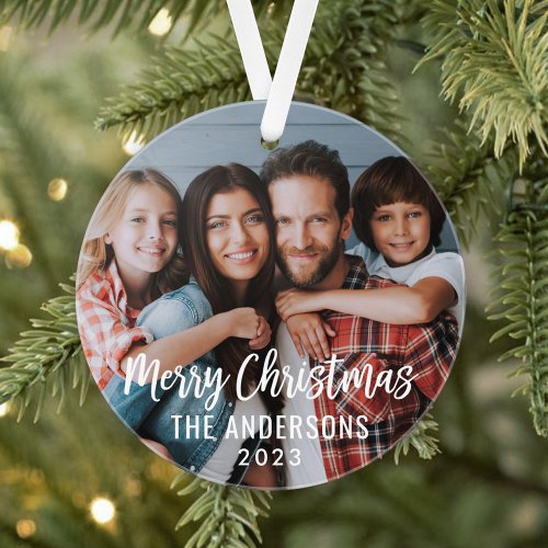 Modern Script Merry Christmas Family Photo Ornament