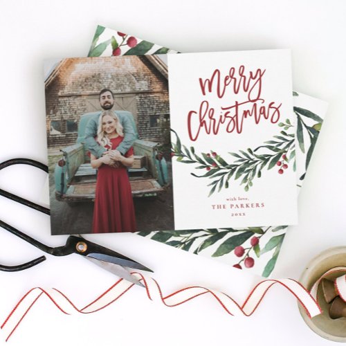 Modern Script Merry Christmas Greenery Photo Holiday Card
