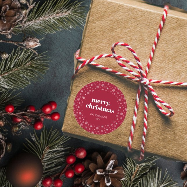 Modern Script Merry Christmas Holiday Red Classic Round Sticker (Christmas holiday snowflake pattern stickers)
