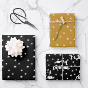 Modern Script MERRY CHRISTMAS Lights Black Gold Wrapping Paper Sheets