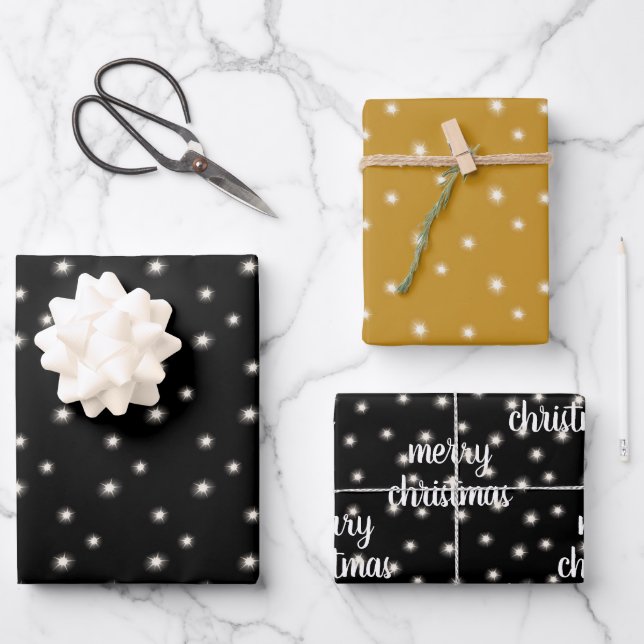 Modern Script MERRY CHRISTMAS Lights Black Gold Wrapping Paper Sheets (Front)