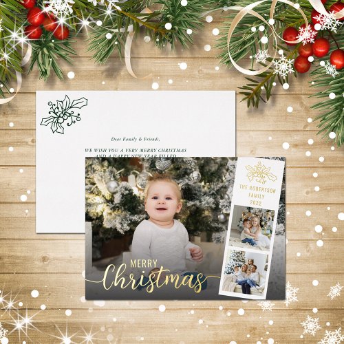 Modern Script Merry Christmas Photo Collage Gold Foil Holiday Card