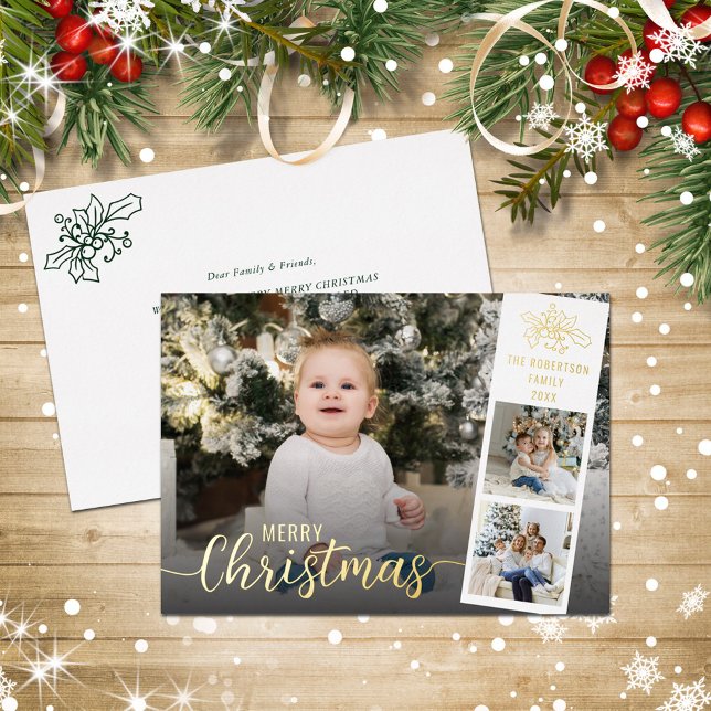 Modern Script Merry Christmas Photo Collage Gold Foil Holiday Card (Creator Uploaded)