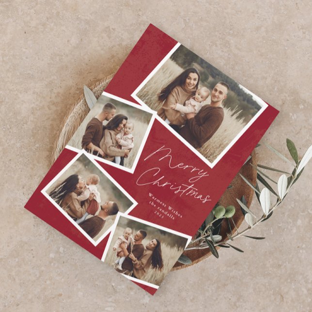 Modern Script Merry Christmas Photo Collage  Holiday Card (Modern Elegant Script 4 Photo Collage Merry Christmas Holiday Card)