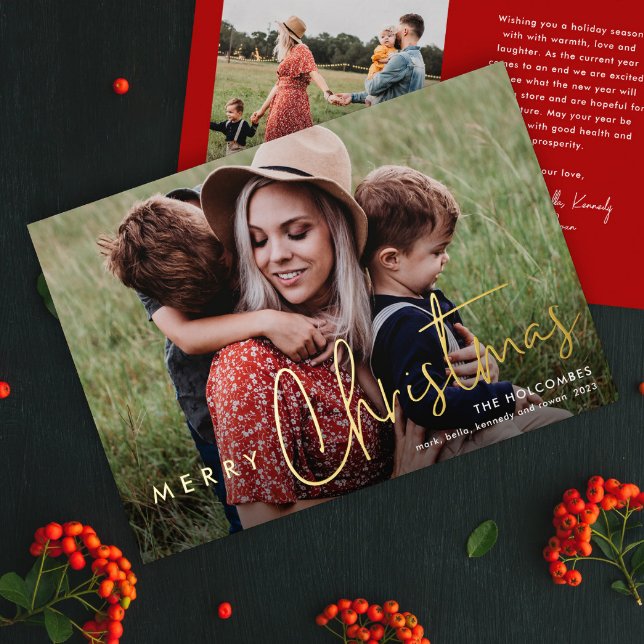 Modern Script Merry Christmas Photo  Foil Holiday Card (Simple modern photo holiday card with gold foil script greeting overlay and red backer.)