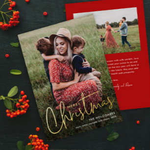 Modern Script Merry Christmas Photo Foil Holiday Card