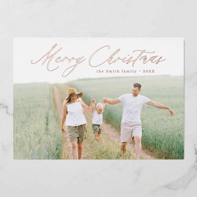 Modern Script Merry Christmas Photo Holiday Foil Invitation (Front)
