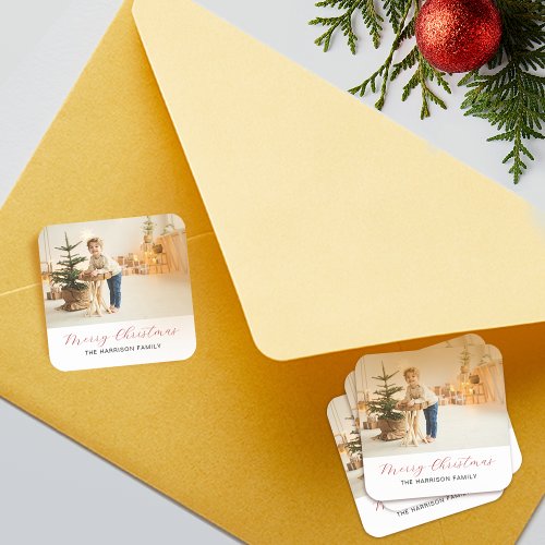 Modern Script Merry Christmas Photo Square Sticker