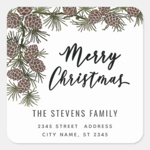 Modern script Merry Christmas pine branch Label