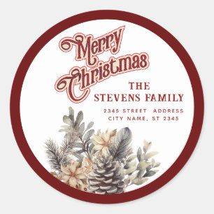 Modern script Merry Christmas pine cone floral Classic Round Sticker