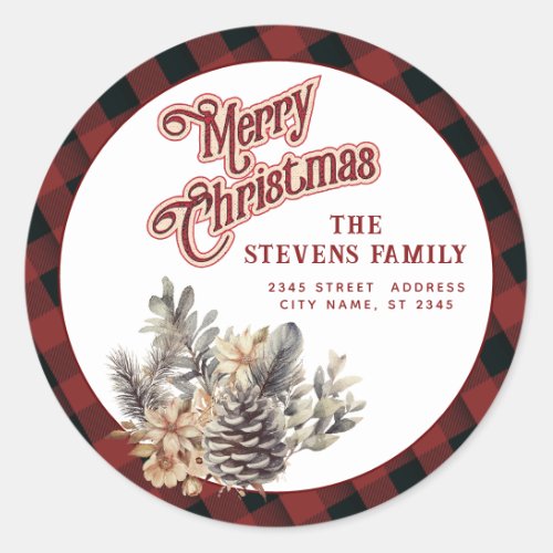 Modern script Merry Christmas pine cone floral Classic Round Sticker