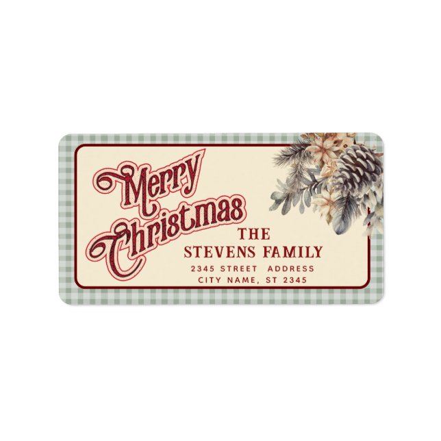 Modern script Merry Christmas pine cone floral Label (Front)