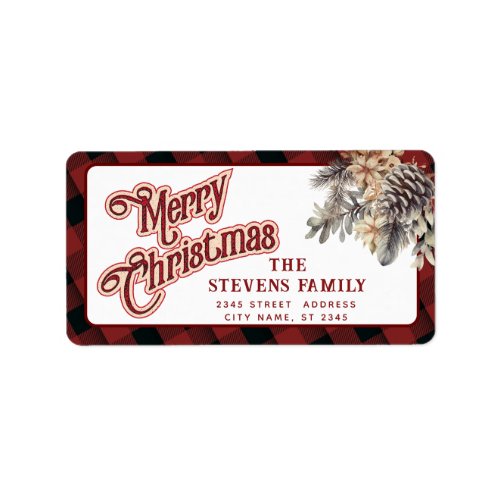 Modern script Merry Christmas pine cone floral Label