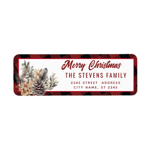 Modern script Merry Christmas pine cone floral Label (Front)