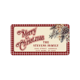 Modern script Merry Christmas pine cone floral Label